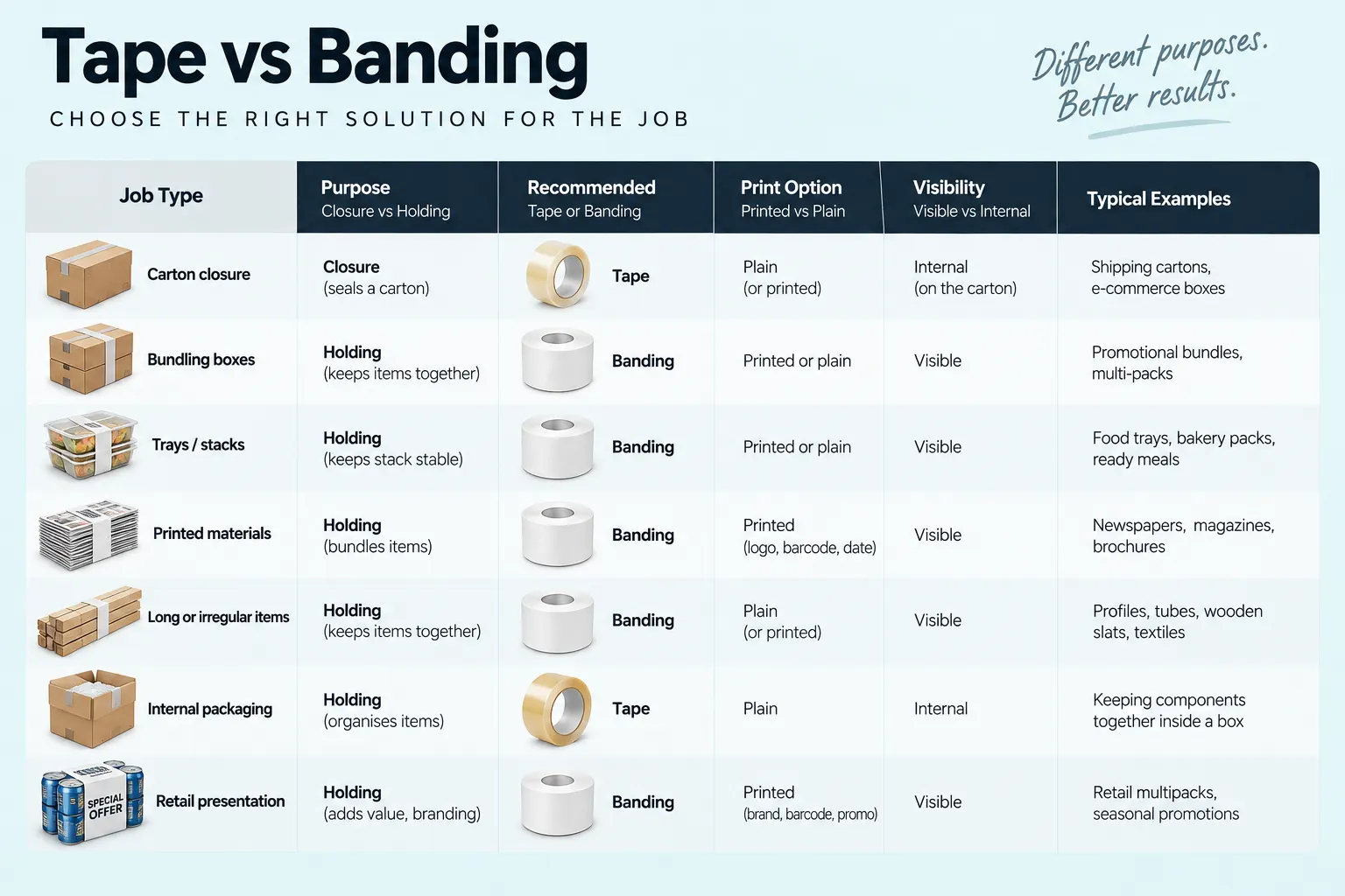 Tape vs Banding: When Each One Wins Decision table closure vs holding printed vs plain visible vs internal 4 Tape vs banding decision table by job type