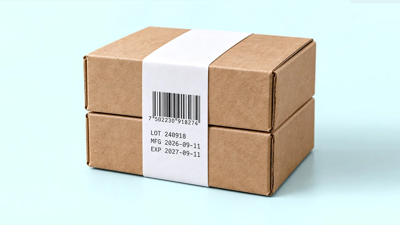 Tape vs Banding: When Each One Wins Printed band carrying 3 Printed band carrying barcode and date on a banded bundle