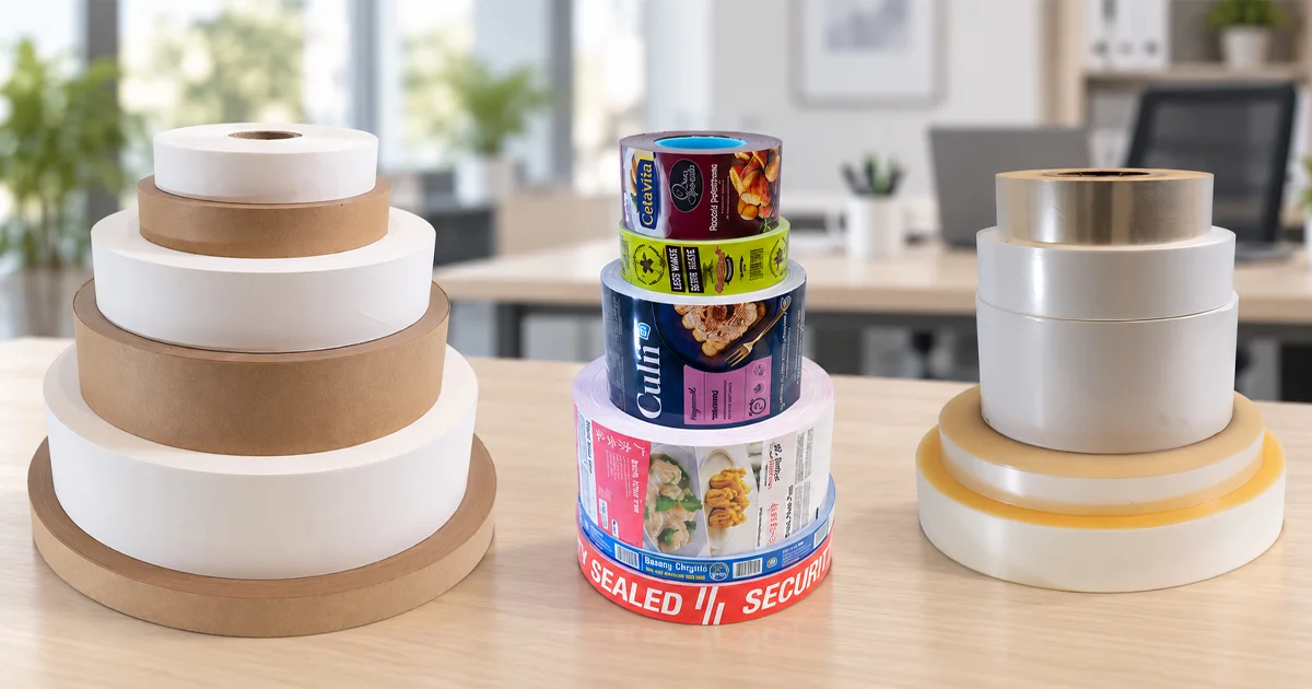Choosing Banding Material paper and film rolls side by side printed and plain 5 Choosing banding material — paper and film rolls side by side