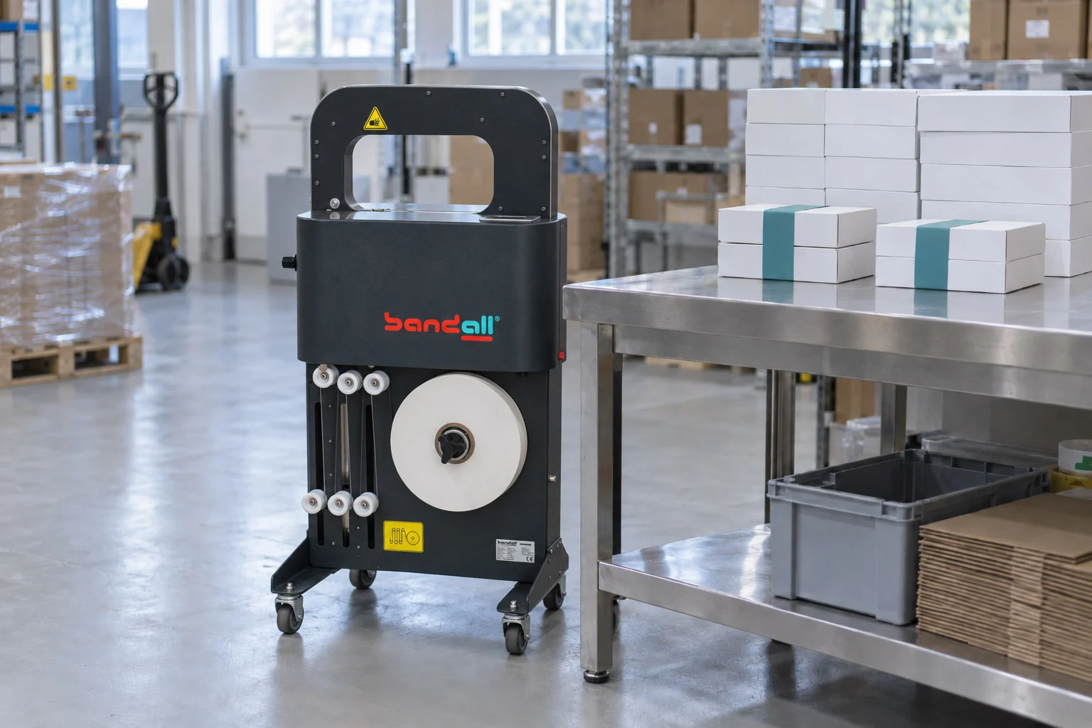 Promotional Packaging for Co-Packers stand alone banding machine on wheels co packer 5 Compact stand alone banding machine on wheels in a contract packing area