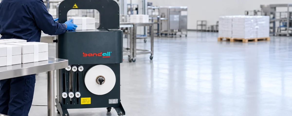 Advantages of a banding machine — operator feeding a stand alone machine