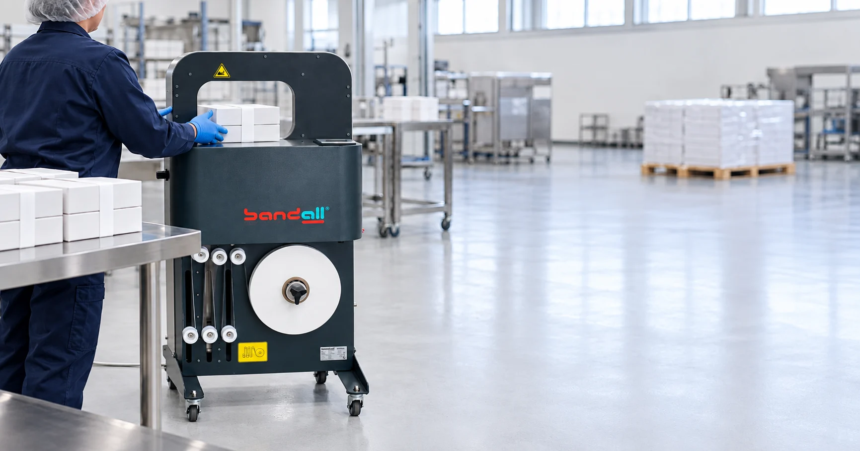 Advantages of a banding machine — operator feeding a stand alone machine