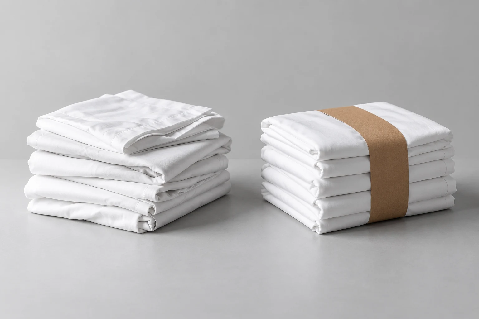 Linen bundling before and after — loose stack beside a banded stack Filename: linen-bundling-before-after-banded-stack