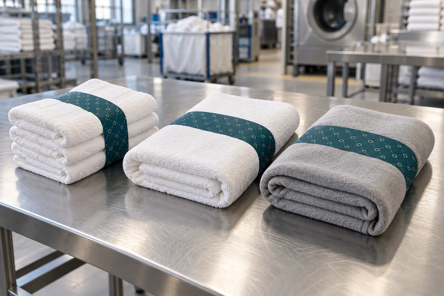 Linen bundling with the hotel branding printed on the band Filename: linen-bundling-hotel-branding-printed-band