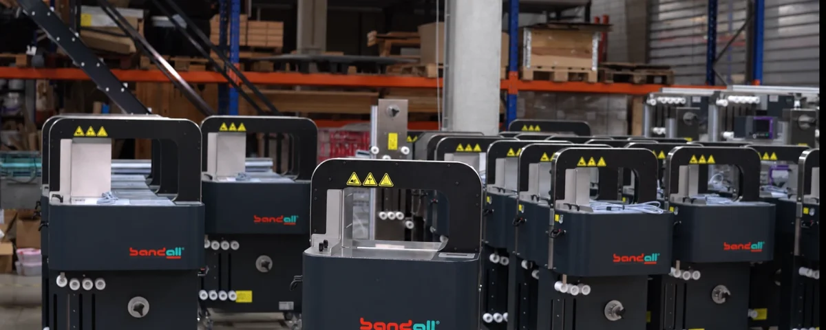 Stand alone banding machine ready to band a pack, power and air connected