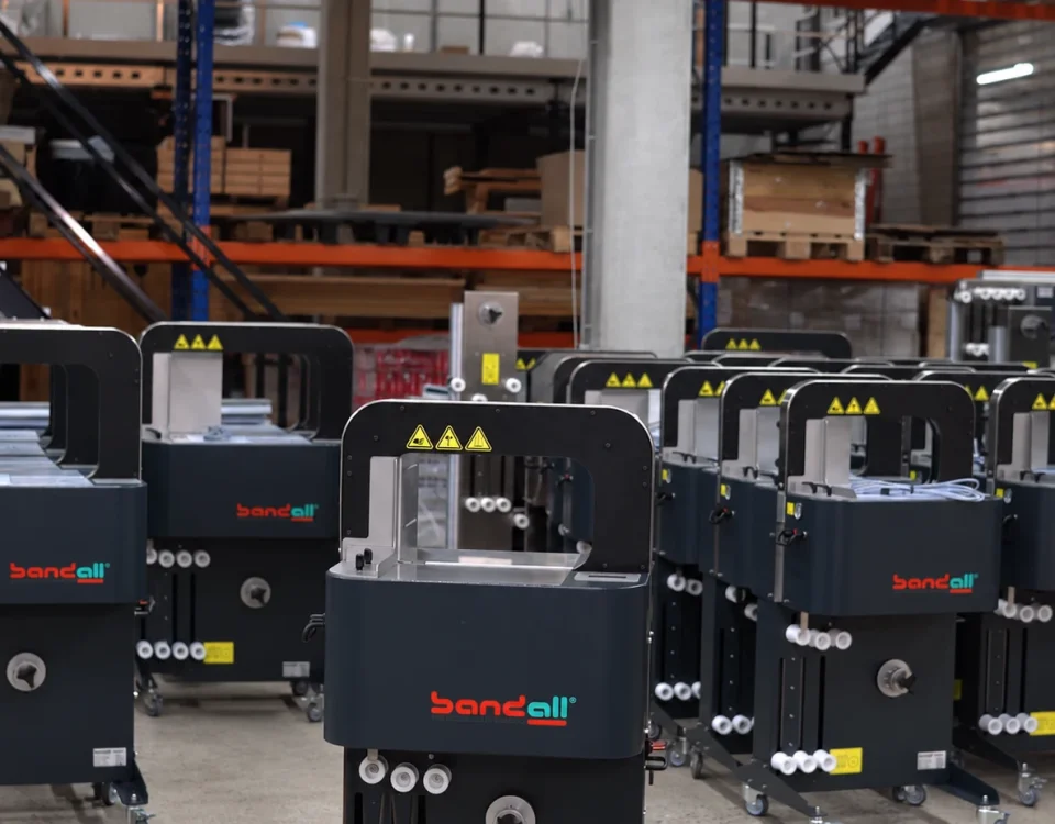 Stand alone banding machine ready to band a pack, power and air connected