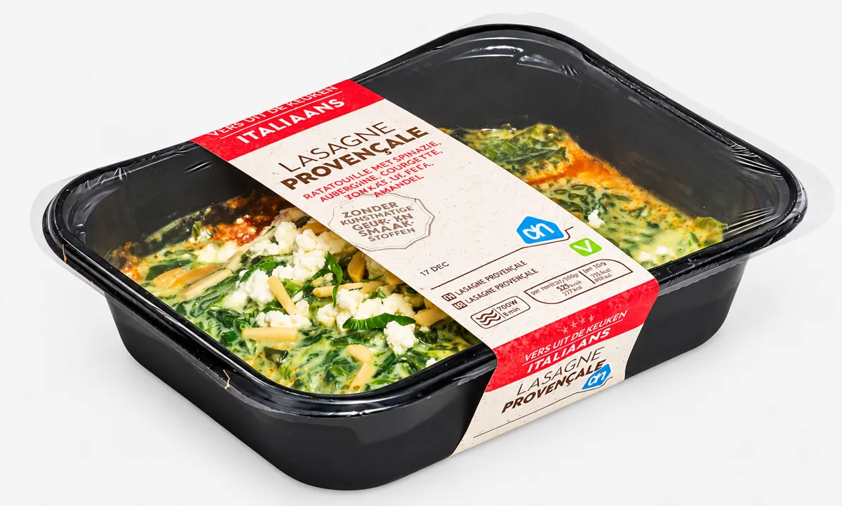 Narrow printed band on a ready-meal tray instead of a full sleeve