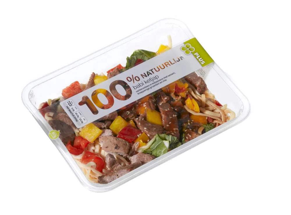 Ready meal tray with branding and nutrition data printed on a band