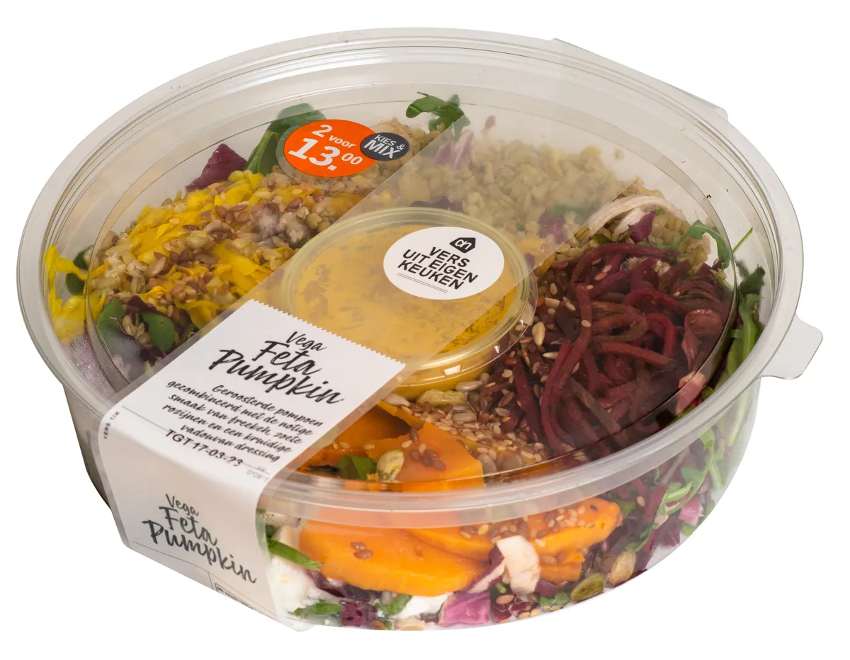 Round salad bowl closed with a printed band and no adhesive label