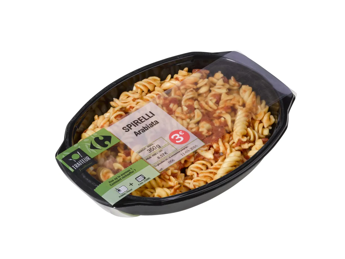 Ready meal tray with weight, price, lot and date printed on the band